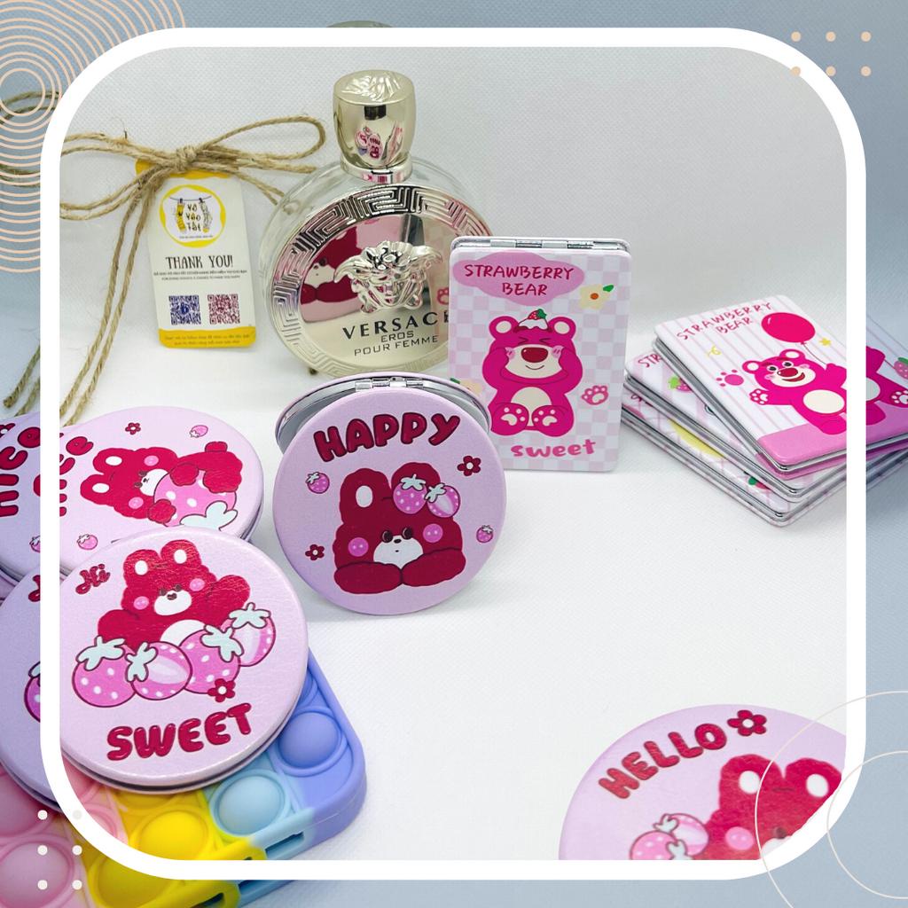 GƯƠNG MINI 2 MẶT DA PU GẤP GỌN HÌNH GẤU DÂU HỒNG LOTSO
