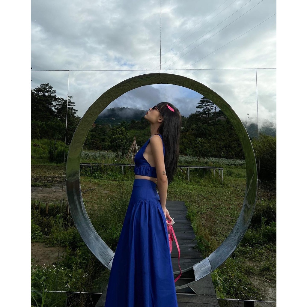 Chân váy nylon dáng dài màu xanh coban, là min - NYLON RUFFLE MIDI SKIRT - COBAN