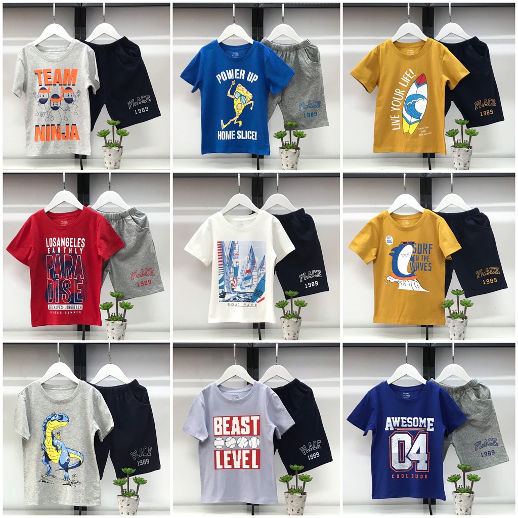 Bộ Place bé trai form to có size từ XS - XL, tương đương cho bé từ 25-55kg.