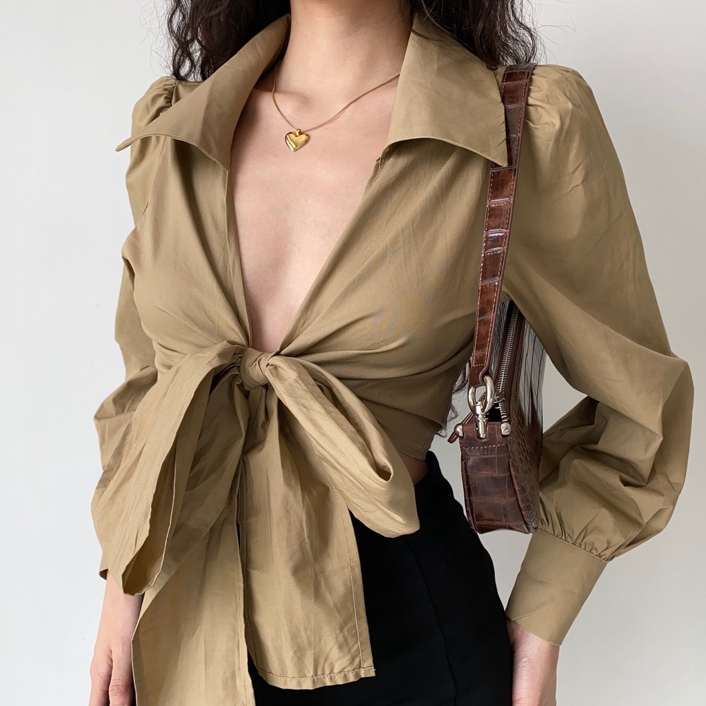 Áo Croptop Cổ Chữ V Tay Phồng Thiết Kế Dây Đan Chéo Eo Thời Trang Quyến Rũ Cho Nữ