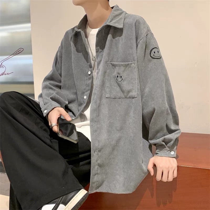 Áo sơ mi khoác ngoài nhung tăm [CÓ ẢNH THẬT] unisex form rộng chất vải nhung tâm cao cấp có túi mặt cười