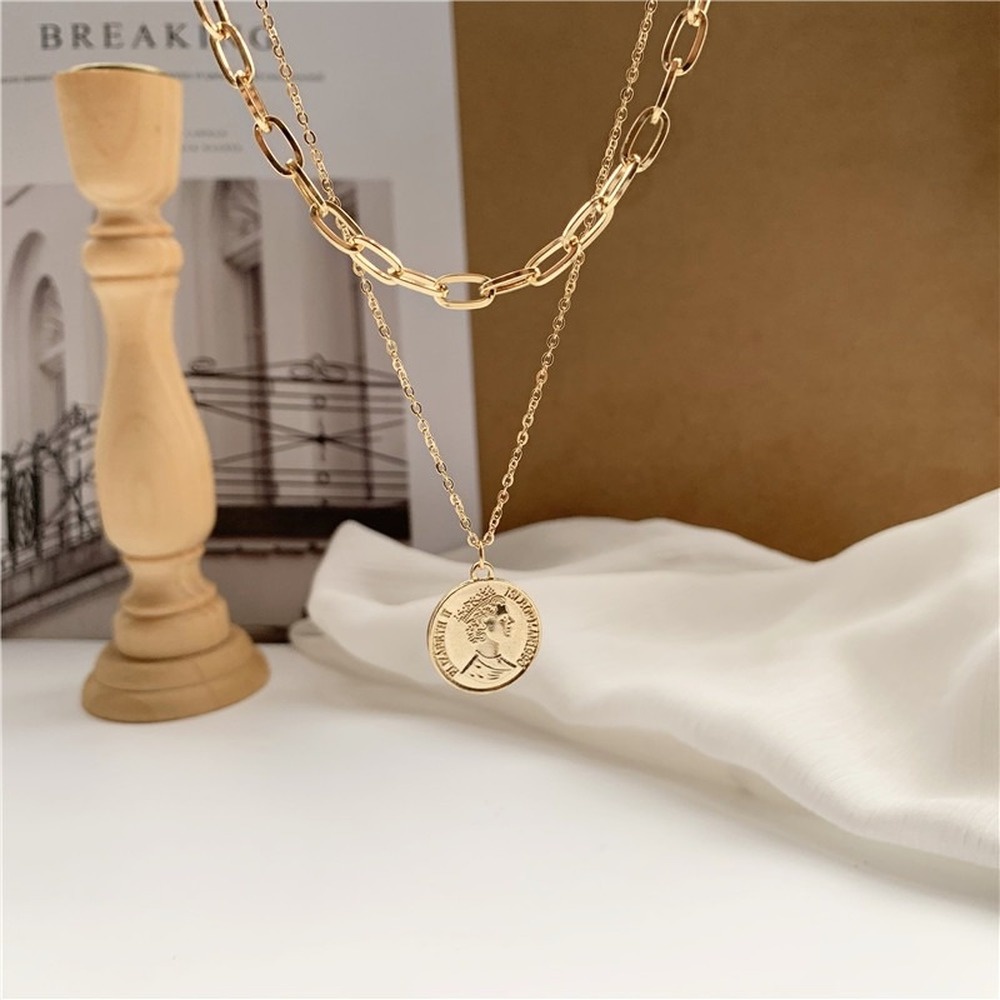 Vòng cổ Dài Hai Lớp Đính Đồng Xu Phong Cách Hip Hop Cá Tính Cho Nữ