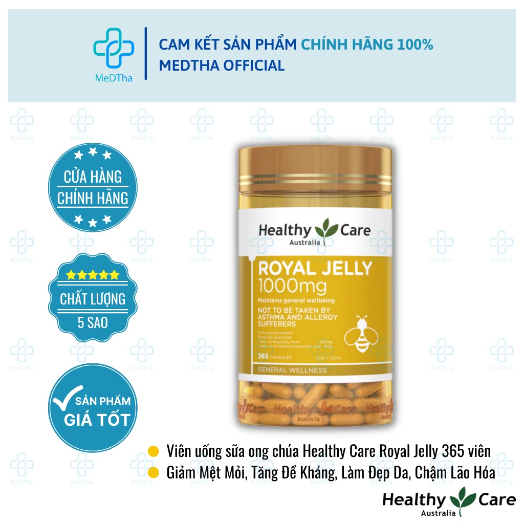 Sữa Ong Chúa Healthy Care - Sữa Ong Chúa Royal Jelly, Tăng Sức Đề Kháng, Lão Hóa Da, Nám, Tàn Nhang (Lọ 365 Viên)