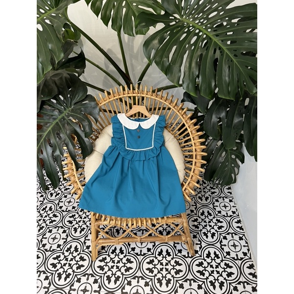 Váy bé gái dáng suông cổ sơ mi trắng vải Sunkid SN12 màu xanh size trẻ em 4-12 tuổi