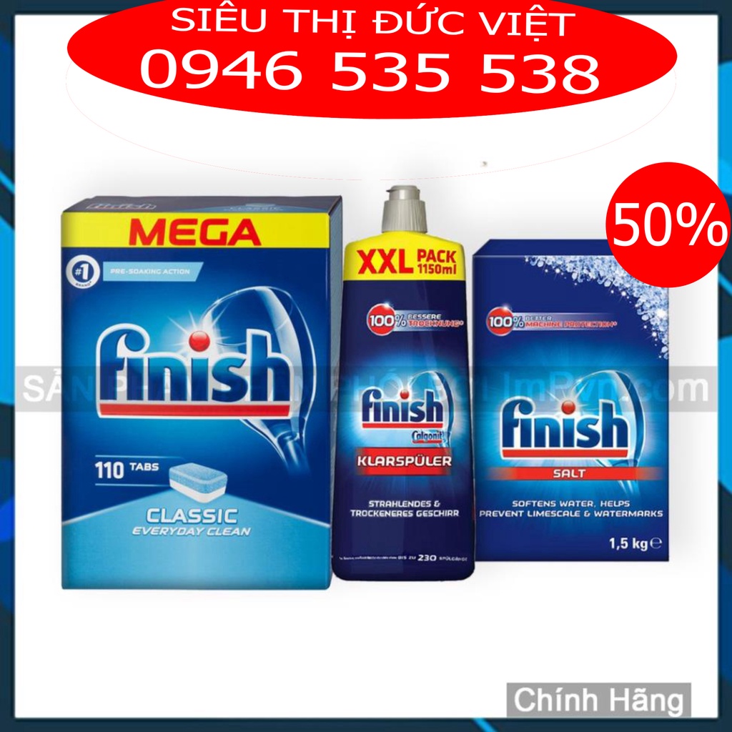 Combo viên rửa bát Finish Hộp Classic 110 viên, Muối Finish 1.5kg, Nước làm bóng bát Finish 800ml cho máy finish.edu.vn