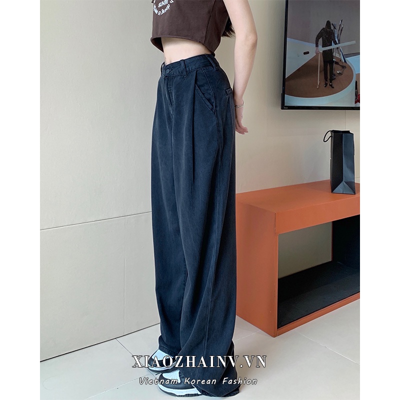 Quần jean XIAOZHAINV ống rộng lưng cao màu xám khói thời trang mùa hè cho nữ
