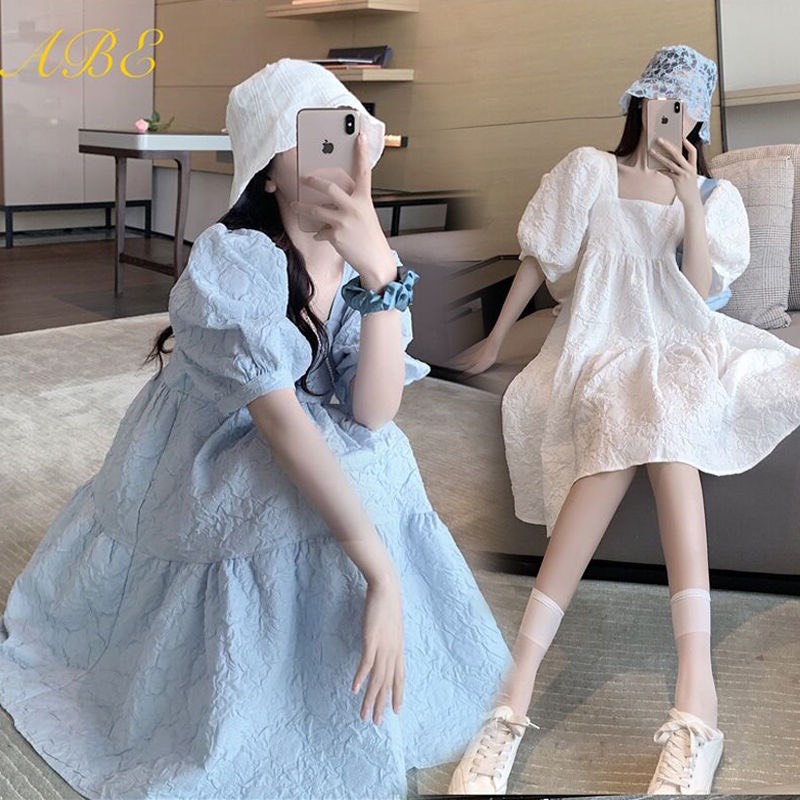 Đầm babydoll dự tiệc cổ vuông dáng dài, Váy nữ dáng xòe tiểu thư ulzzang hàn quốc màu trắng và xanh