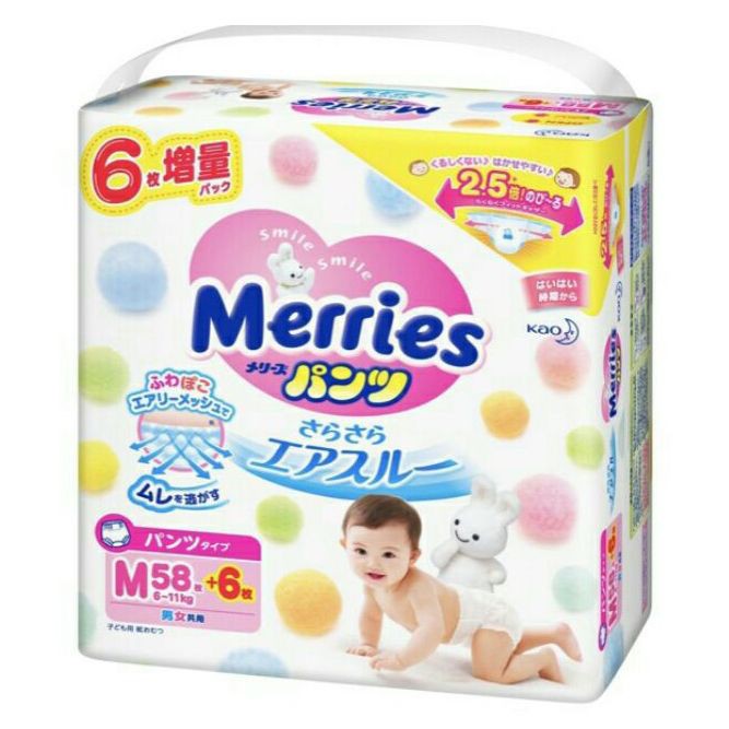 Bỉm Merries Dán/Quần Nội Địa(Cộng Miếng)(Date Mới)NB96/S88/M68d/M64q/L58d/L50q/XL44q