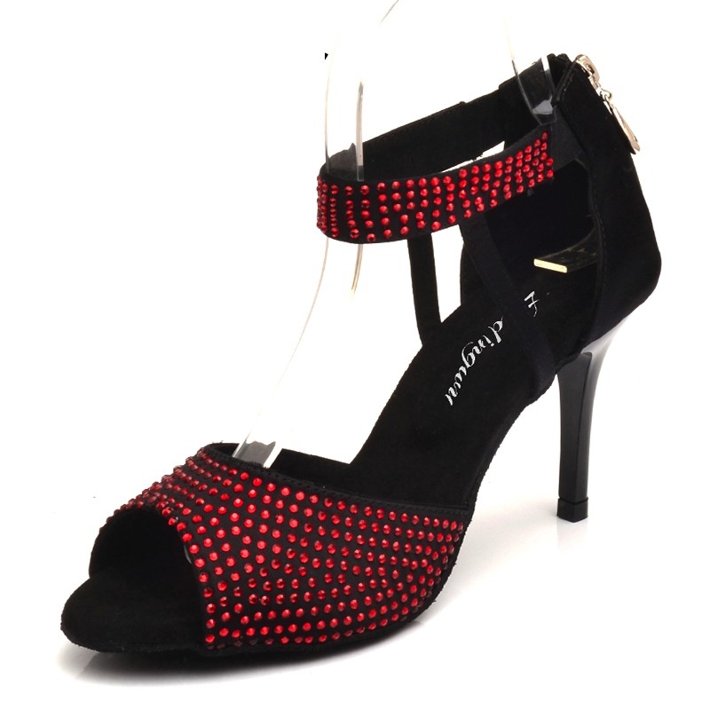 Giày khiêu vũ nhập khẩu cao cấp đính đá đỏ, gót & size thiết kế theo yêu cầu