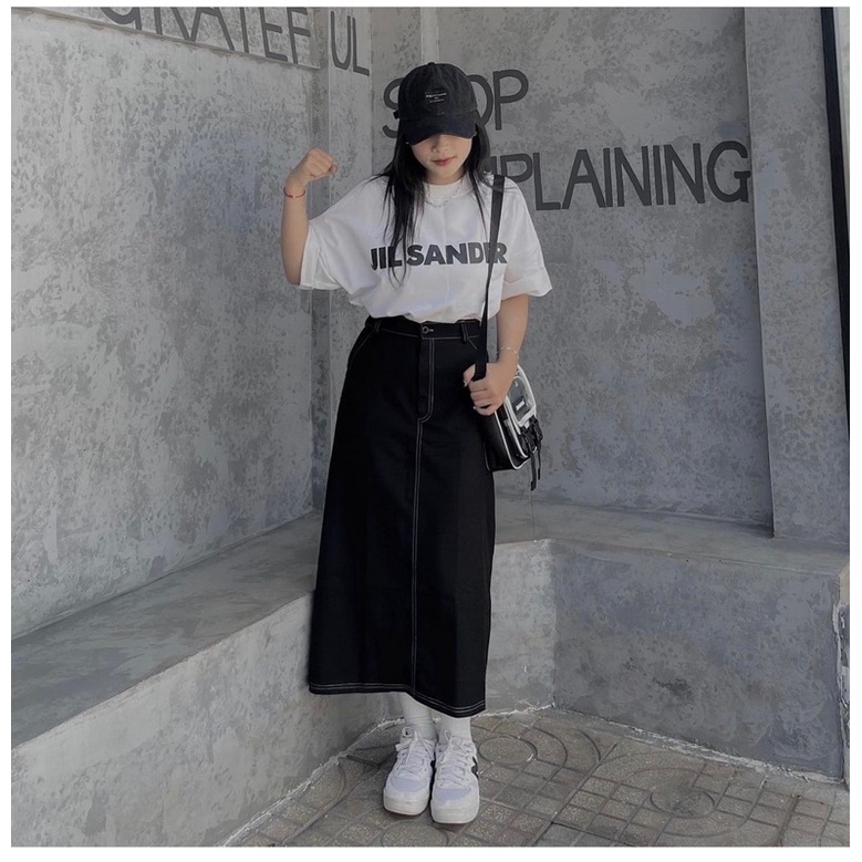 Chân váy xẻ thô dáng xuông kaki viền chỉ cạp chun sau 8804 2 màu Nhung Nhơs C95L