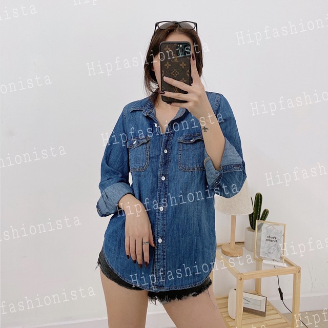 Áo sơ mi denim jean nữ hàng chuẩn xịn, chất denim mềm mịn thoải mái, form áo hơi suông rộng (Hình thật)