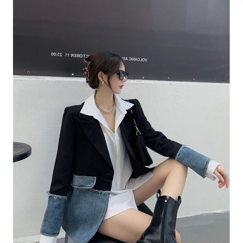 (Hàng Đẹp)Ảnh thật 4 hình cuối-2W99.Áo blazer kiểu mới phối denim chanh xả