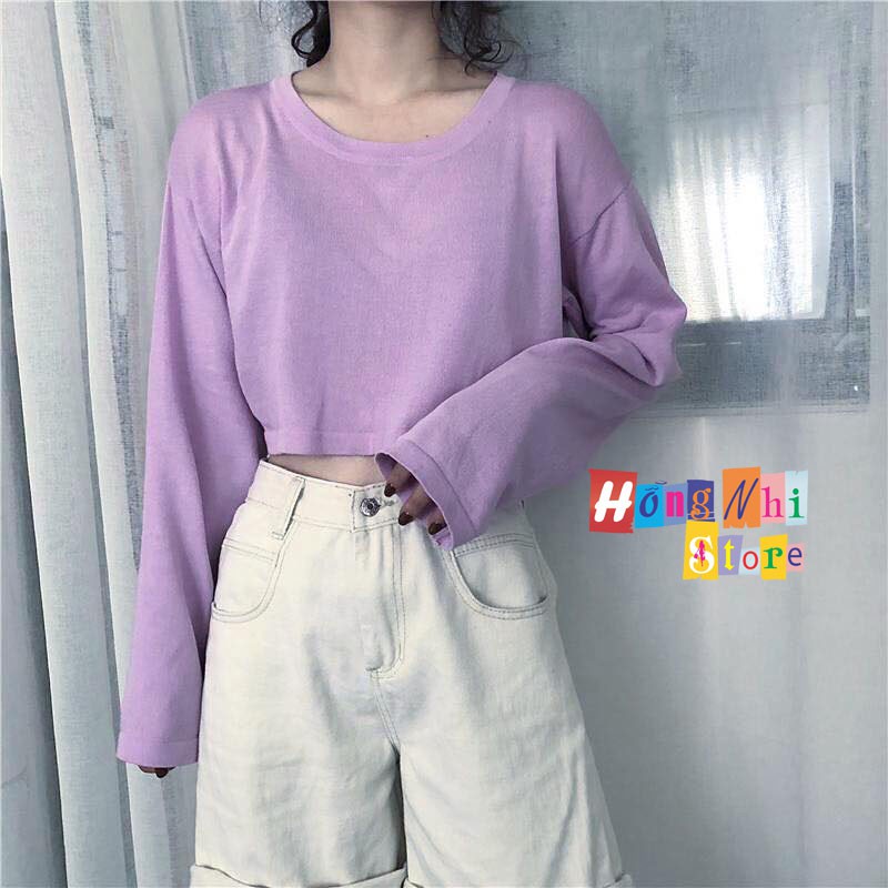 Áo Croptop Trơn Tay Dài Dáng Rộng Màu Tím Long Tee Ulzzang - MM