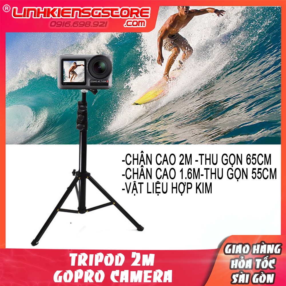 Giá đỡ 3 chân tripod camera hành trình gopro xiaomi..hợp kim cao cấp chân cao 2m hạ được xuống thấp