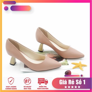 Giày Cao Gót 5cm Gót Vàng Mũi Nhọn Da Sần P340