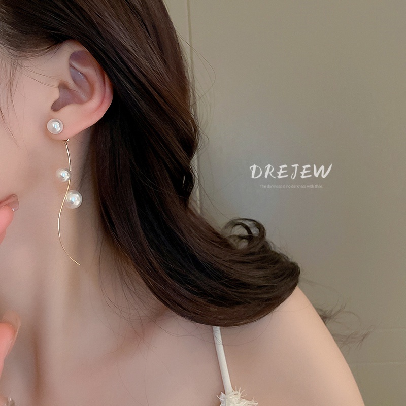 DREJEW Khuyên tai mạ bạc đính ngọc trai phối tua rua phong cách Pháp thời trang cao cấp