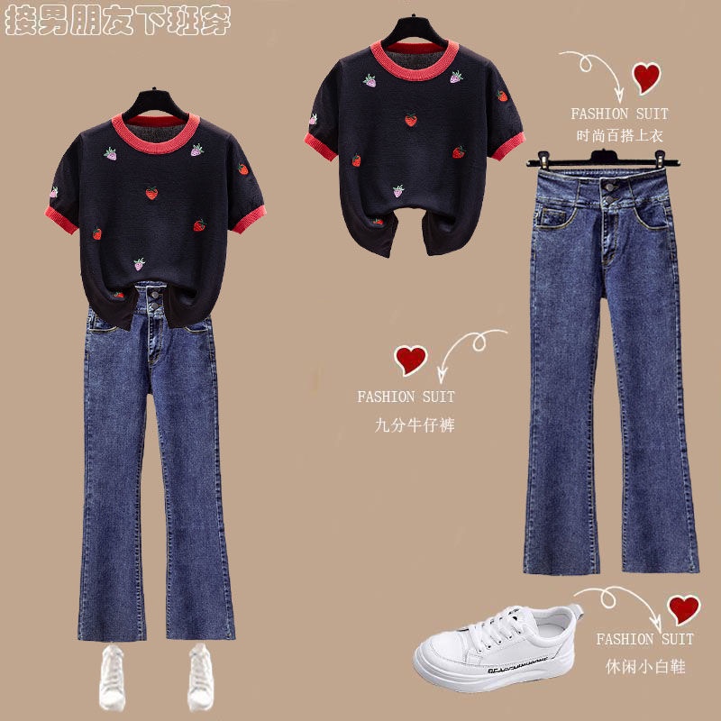 One-piece / suit summer ice silk short-sleeved T-shirt women's thin top ins tide 2022 high-waisted micro jeans