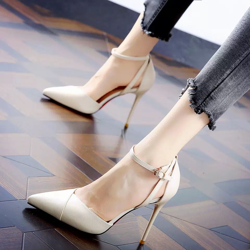 Beige evening dress super high heels pointed toe stiletto buckle single shoes women