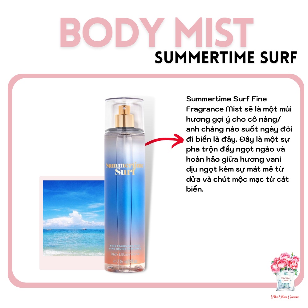 Xịt Thơm Toàn Thân Bath & Body Works Summertime Surf Thanh Mát Sảng Khoái Giúp Khử Mùi Cơ Thể 236ml