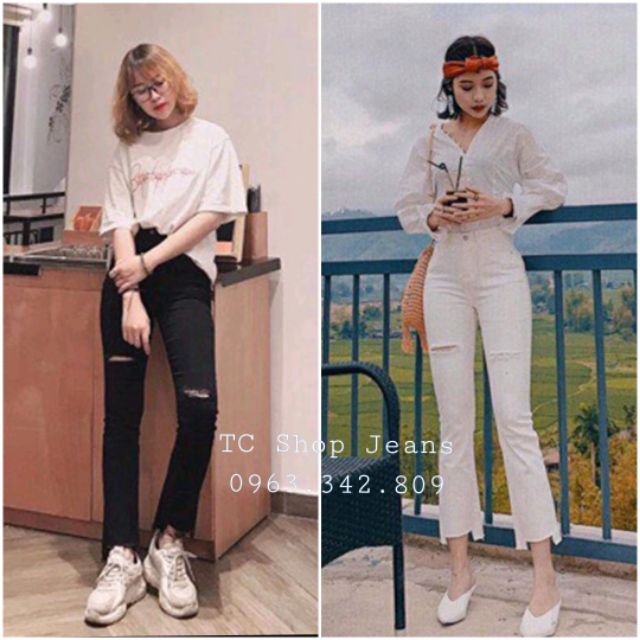 Quần Ống Loe Lưng Cao Trắng Đen | Quần Kaki Jeans Nữ Ống Loe Co Giãn Tốt