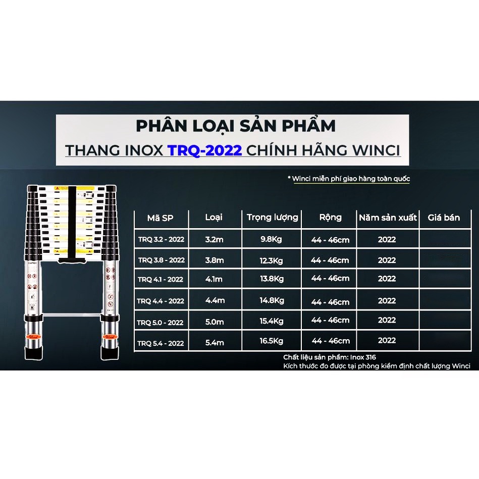 [Mã BMBAU300 giảm 10% đơn 499K] Thang rút đơn Inox 316 chính hãng Winci, WIN-TRX, tải trọng tối đa 500 kg.