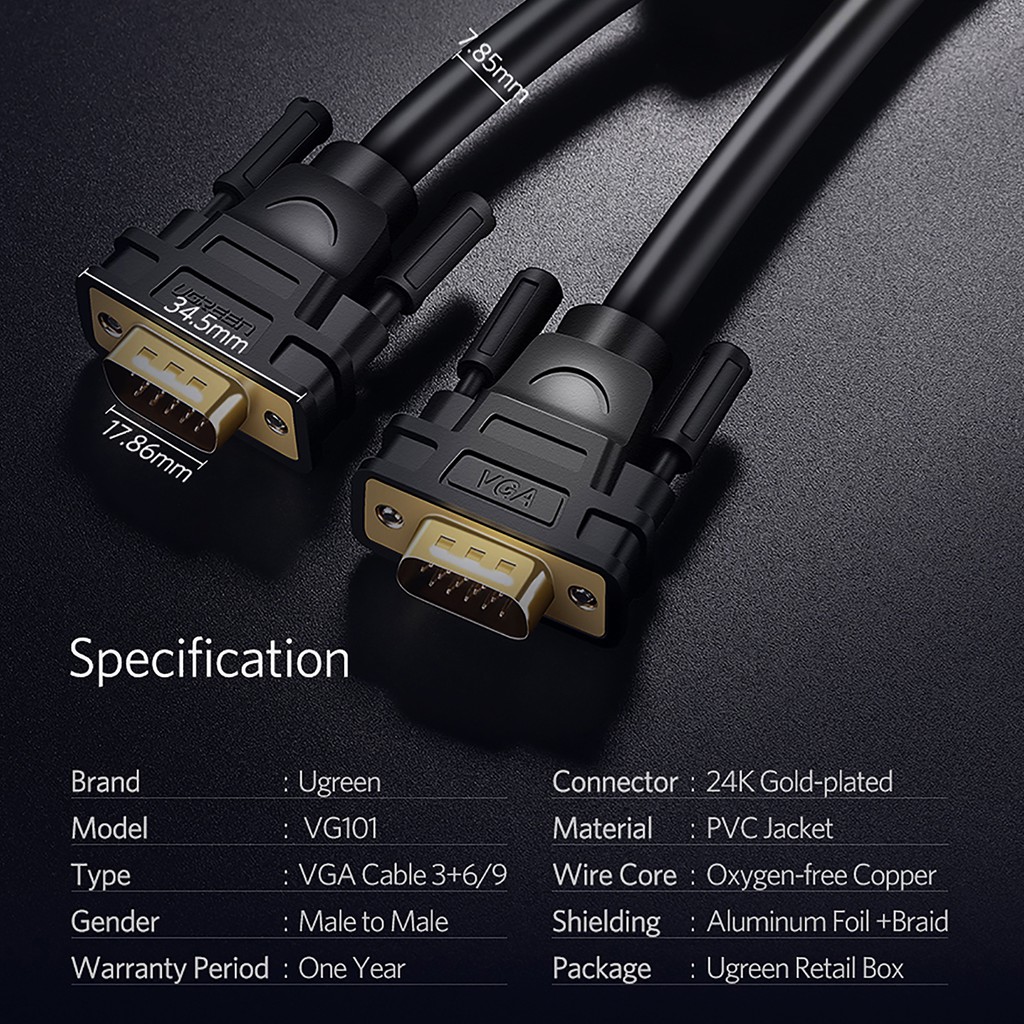 Cáp VGA Male to Male Hỗ trợ Full-HD 1080P Cao Cấp UGREEN VG101
