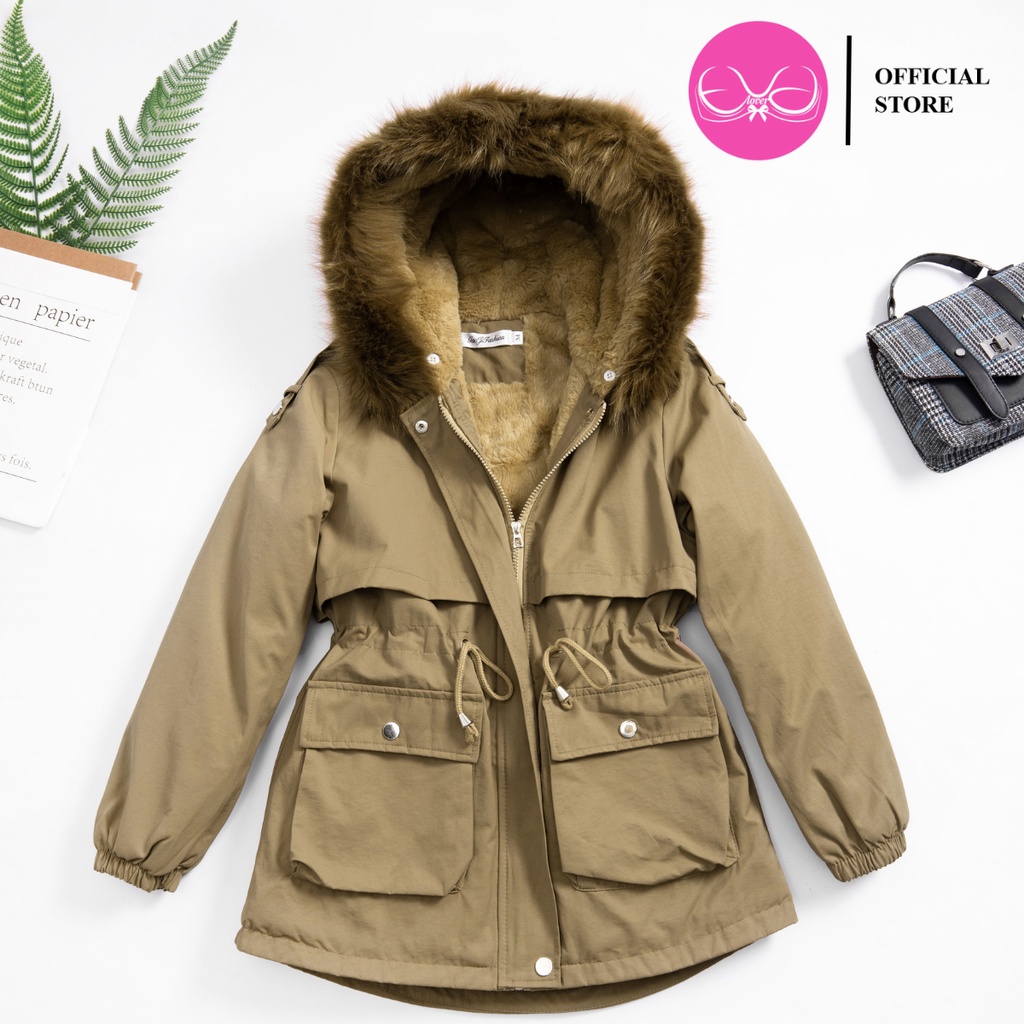 Áo khoác parka nữ kaki mũ trần lông túi hộp chéo có dây rút ro, ao khoác mùa đông EvaLover 805
