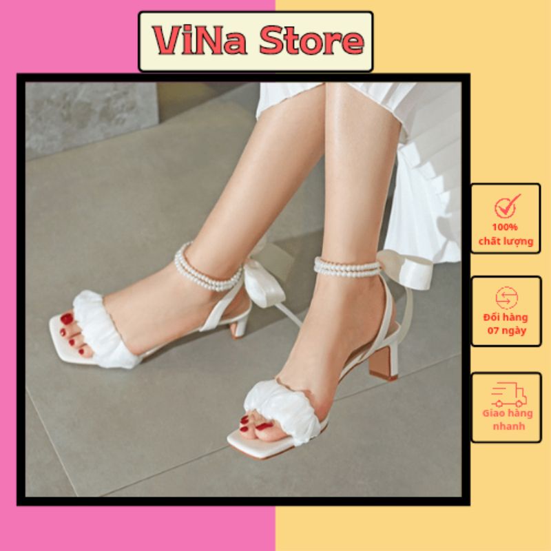 Giày xăng đan cao gót đế nhọn 5 phân quai bèo nhún xếp ly quai thắt nơ ngọc hot 2022  VINA STORE mã S16