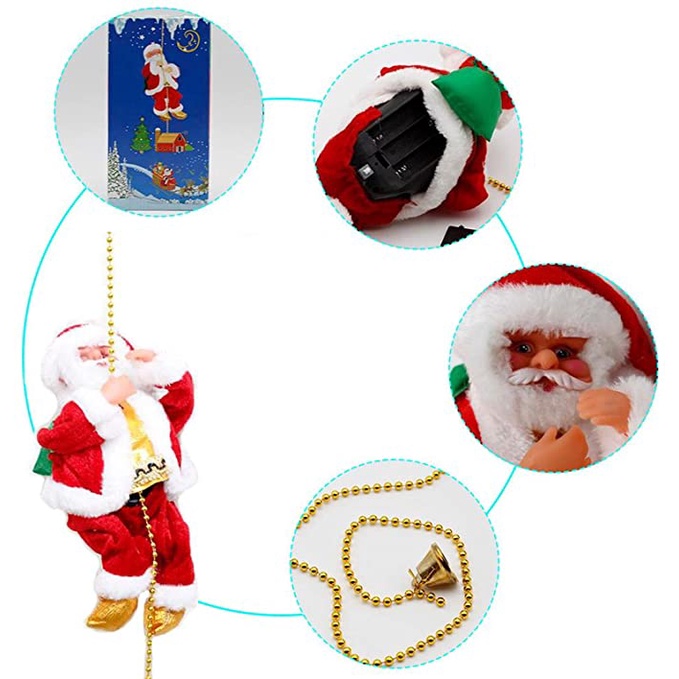 Phụ kiện trang trí cây thông giáng sinh hình ông già noel xỏ hạt leo trèo chạy điện phát nhạc