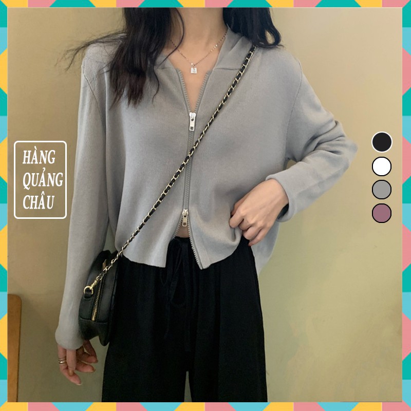Áo thun croptop nữ tay dài, áo crt có khóa và mũ áo chất len tăm thời trang thu đông freeship mã AT20