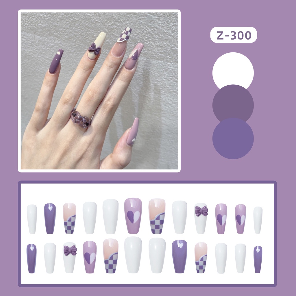 Z-300 Móng Tay Giả Ngắn Kẻ Caro Màu Tím Hình Bướm Xinh Xắn