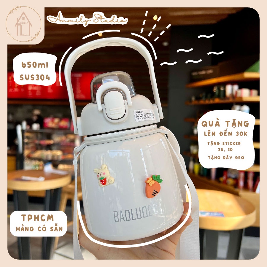 Bình Giữ Nhiệt Cute ANMILY 650ml Cao Cấp Có Ống Hút Kèm Theo 2 Lớp Vật Liệu SUS304 Chất Lượng Cao, Tặng Sticker 2D, 3D