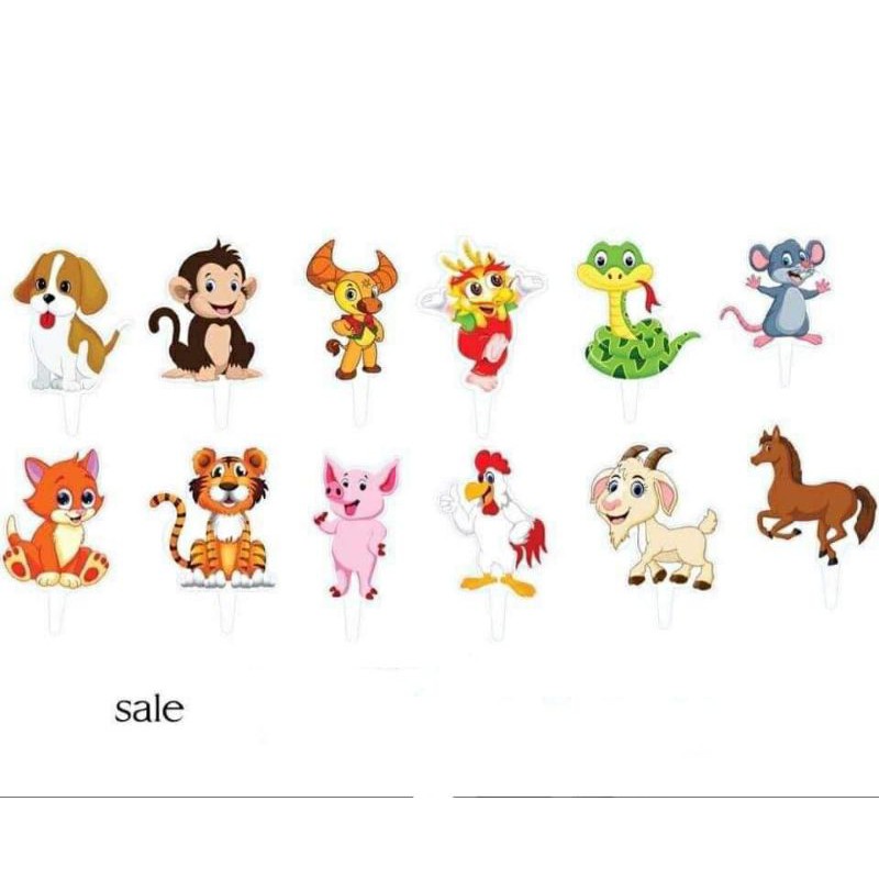 Bộ 240 thẻ cắm 12 con giáp trang trí bánh kem, set cắm 12 con giáp toppercake