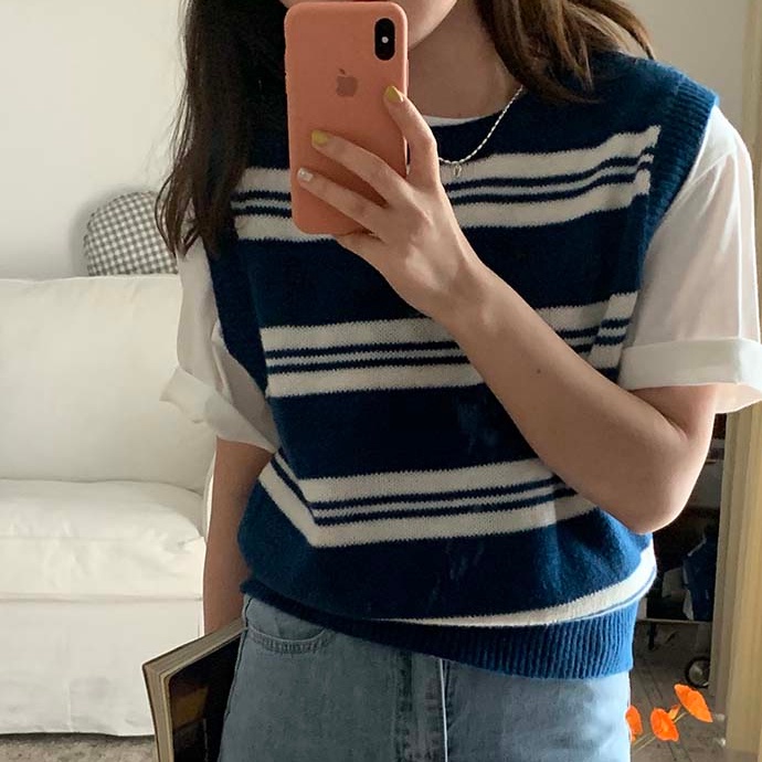 SUXI Áo Len Không Tay Cổ Chữ V Họa Tiết Kẻ Sọc Thời Trang Hàn Quốc Dễ Phối Đồ Cho Nữ
