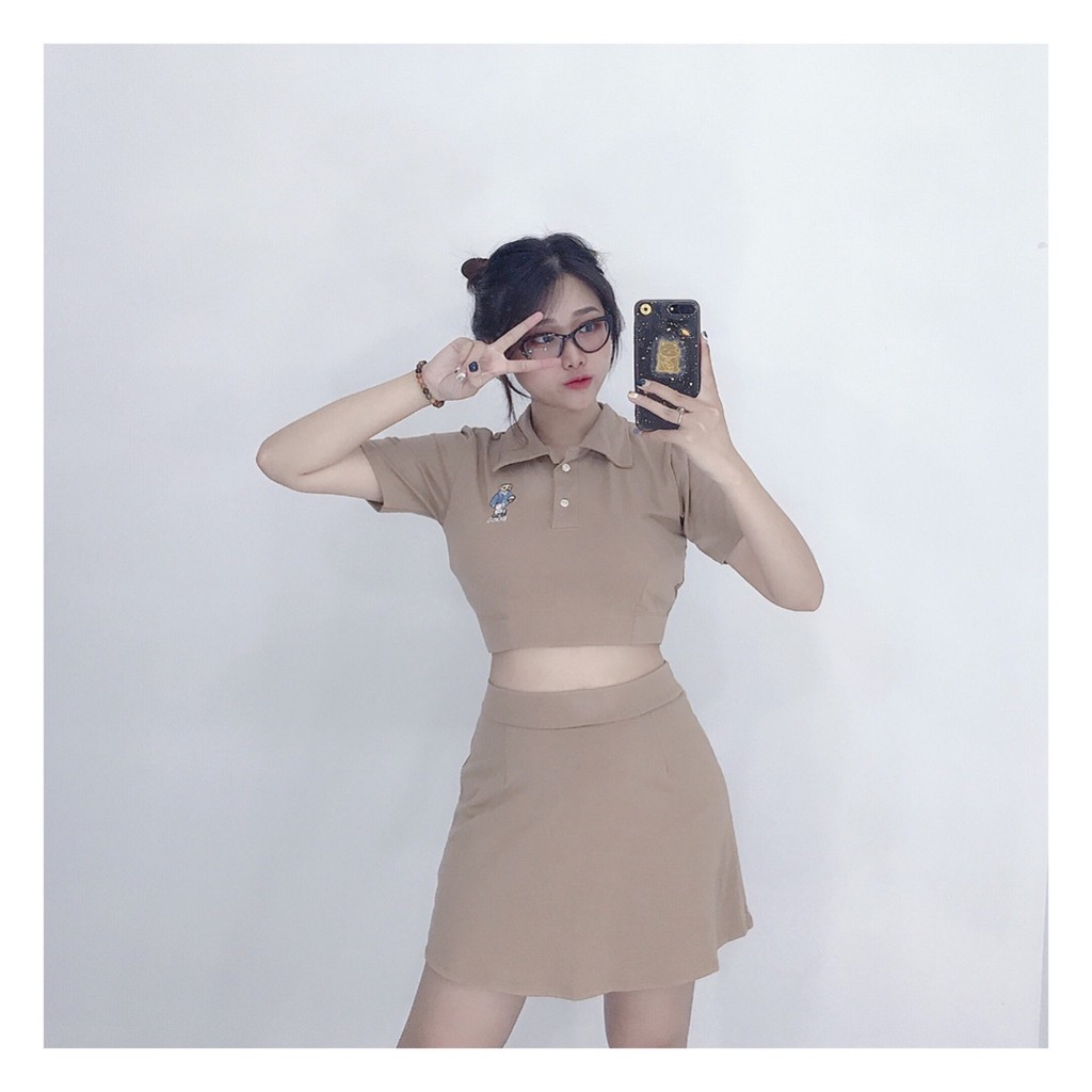 Sét áo kèm chân váy nữ áo croptop cổ sơ mi cái nút phối chân váy mini siêu dễ thương | BigBuy360 - bigbuy360.vn