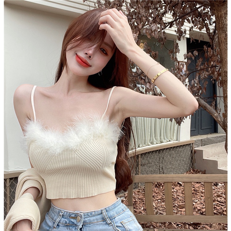 Set áo len nữ và áo hai dây đính lông sang chảnh