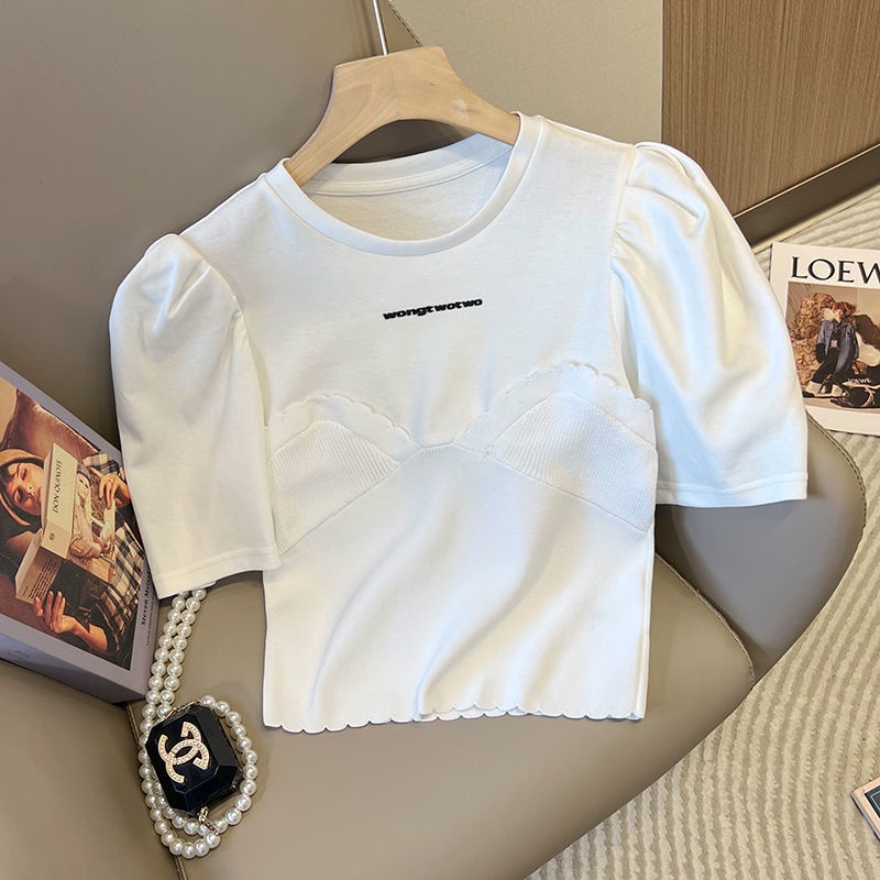 Áo Thun Tay Phồng Dáng Ôm Dệt Kim Co Giãn In Chữ Thời Trang Phong Cách Hàn Quốc
