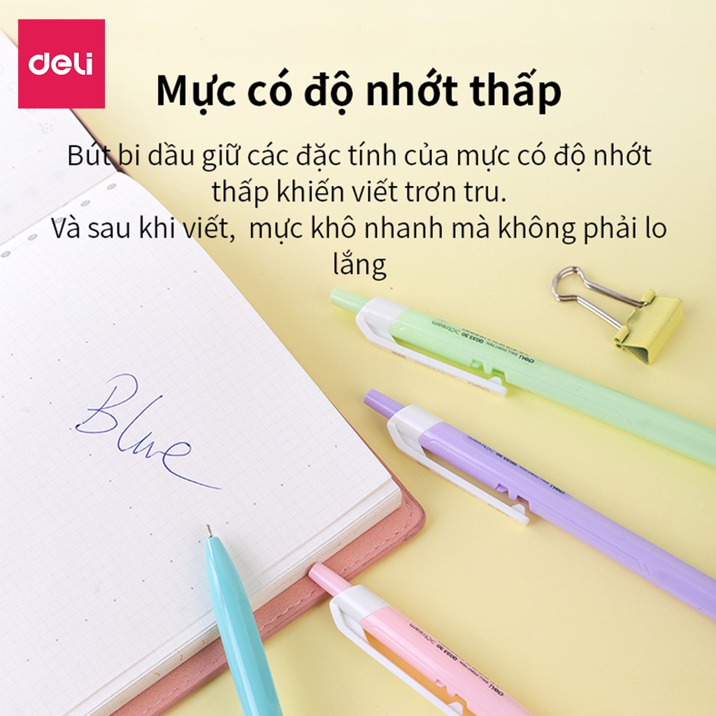 Bút bi bấm văn phòng mực xanh ngòi 0.7mm Deli hộp 50 chiếc giá rẻ viết nét đều trơn tru phù hợp cho học sinh - EQ03336