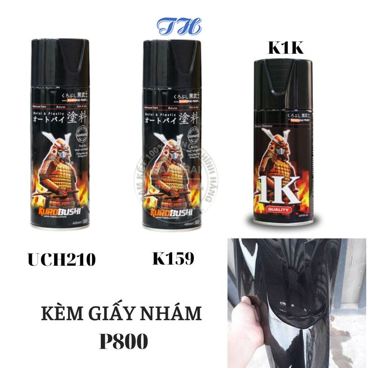 Combo 3 chai sơn samurai K159* Màu đen kim loại gồm: uch210 - K159 - k1k - giấy nhám p800