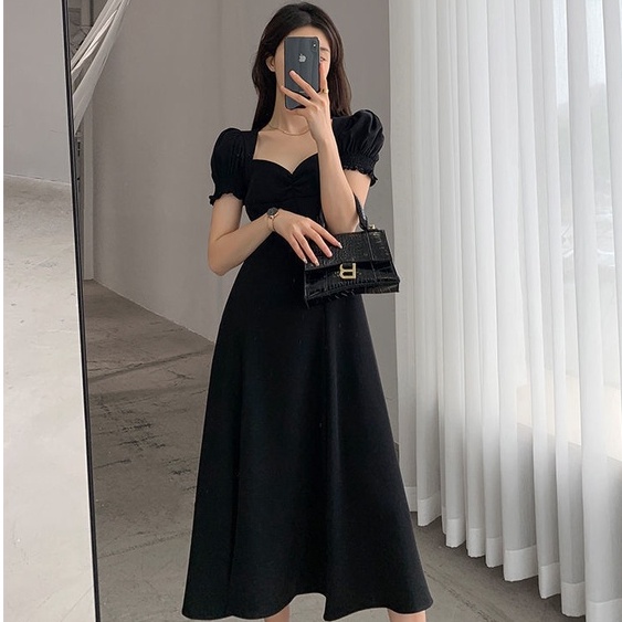 Đầm Dài Dáng Chữ a Cổ Vuông Tay Phồng Xẻ Tà Phong Cách Hepburn Cổ Điển Thời Trang Mùa Hè Kiểu Mới Cho Nữ