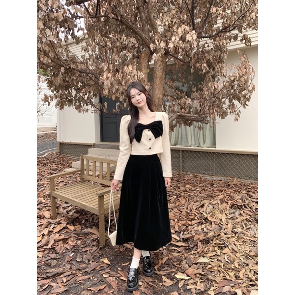 (A12)Set Dạ Nơ Ngực Chân Váy Nhung Midi tiểu thư