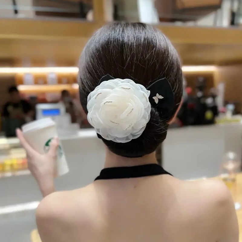 Băng Đô Cài Tóc Hình Hoa Trà Màu Trắng Đen Cho Nữ