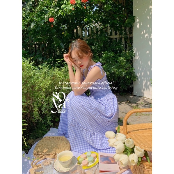 Đầm Caro hai dây nơ, xoè tầng cực tôn da không nhăn - Baby Blue Dress