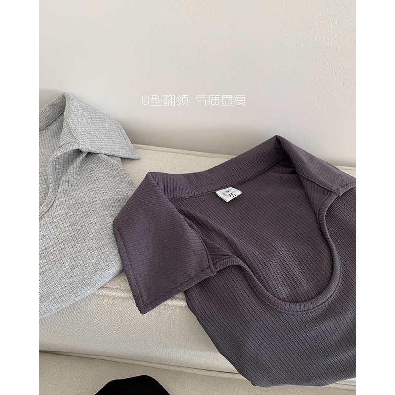 Áo polo Tay Ngắn Dáng Ôm Màu Xám Thời Trang Mùa Hè Cho Nữ