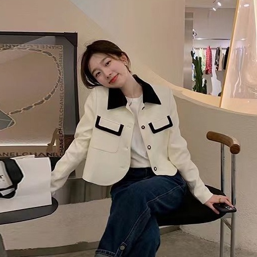 Áo Khoác Dáng Ngắn Form Ôm Phối Màu Tương Phản Thời Trang Hàn Quốc Cho Nữ