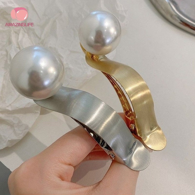 Kẹp Tóc Đính Ngọc Trai Bằng Kim Loại Màu Vàng/Bạc/Bạc Thiết Kế Hình Học Thanh Lịch Thời Trang Cho Nữ