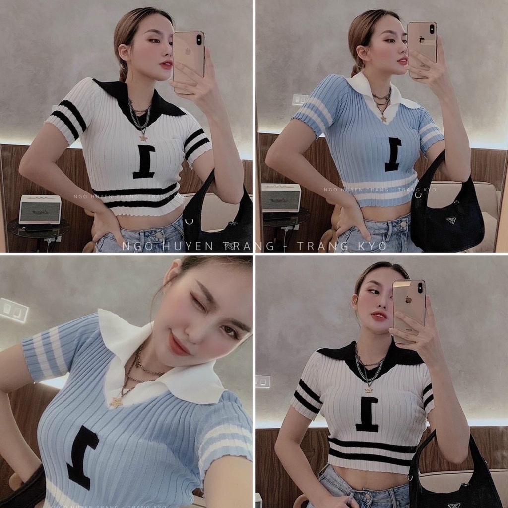 Aó Thun Len Croptop Nữ Cổ Bẻ áo chữ G