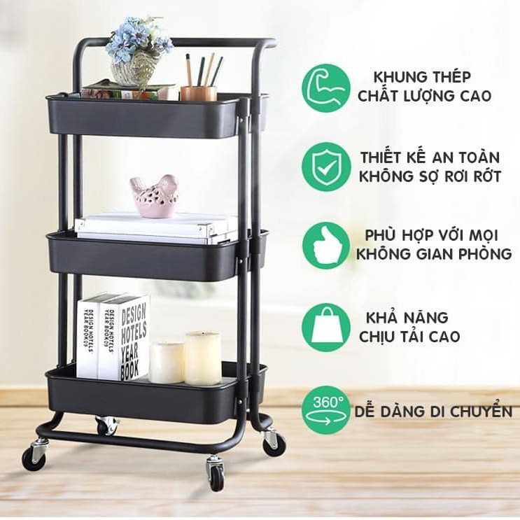 Chính hãng !!! Kệ đựng đồ đa năng 3 tầng có bánh xe ( PHIÊN BẢN MỚI ) - 100% sắt - HỒNG