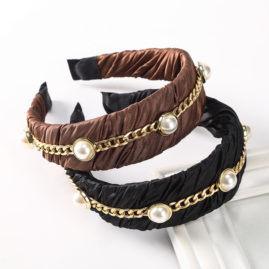 Băng đô cài tóc bản rộng xếp nếp màu trơn phối hạt ngọc trai nhân tạo phong cách Hàn Quốc thời trang dành cho nữ