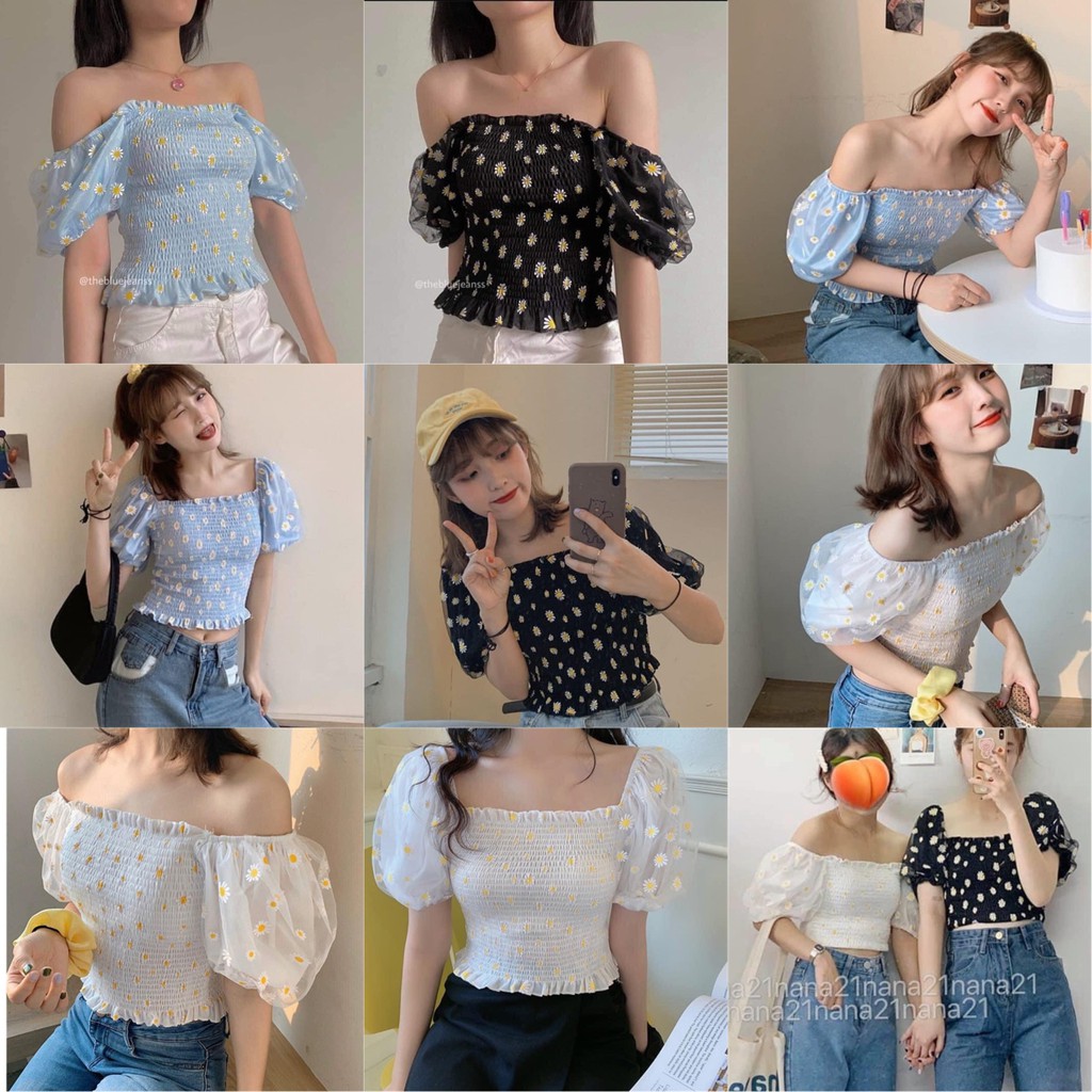 Áo Kiểu Trễ Vai Belis Croptop hoạ tiết hoa cúc hoạ mi from chuẩn bo chun co giãn - tay áo phồng mix chất voan lưới